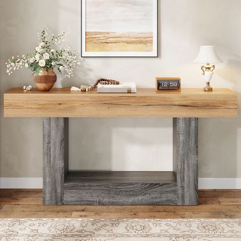 Console deux tons aspect bois, table console pour entrée/salon, plateau épais, étagère inférieure, panneaux de particules (1/5)