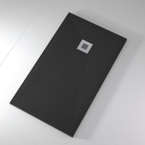 Mineralguss-Duschwanne extra flach ONDA Schieferoptik SCHWARZ 80x120 cm Ablaufschutz in Chrom