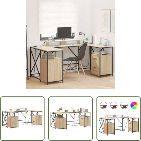 vidaXL Bureau avec éclairage LED - Bureau Chêne Sonoma 182 x 101 x 87,5 cm Bois d'ingénierie (1/5)