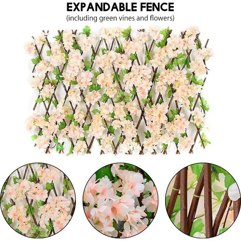 Valla extensible con flores artificiales, seto de celosía de madera, decoración de jardín, 200 cm de ancho, 40 cm de alto, enredaderas verdes, balcón privado (1/5)