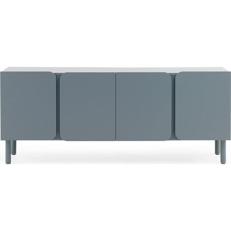 Buffet en MDF bleu tourterelle, angles de porte arrondis et moulure rainurée, pieds en bois massif (1/5)