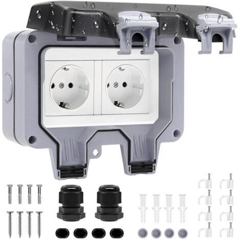 Prise Exterieure Etanche IP66 Prise de Courant et Volet de Protection Double Prise Electrique Multiprise Murale pour Jardin, Garage, Piscine Cuisine, Salle de Bain (1/5)