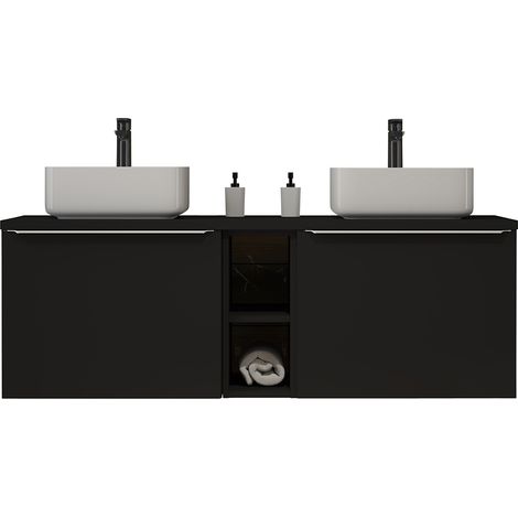 Doppelwaschtisch 140cm mit Aufsatzbecken, matt schwarz, PUEBLA-56-BLACK (1/5)