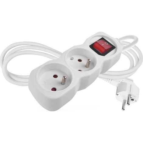 Multiprise 2X 1,4m avec Interrupteur - 2 Prises French tournées à 45° - 250 V, 16 A, 3680 W - H05VV-F3G 1,0 mm2 - Protection Accrue Contre Les Contacts accidentels - pour l'intérieur - Blanc (1/5)