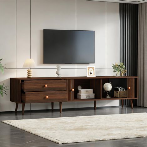 Meuble TV avec 2 Tiroirs et 2 Portes Coulissantes, pour Salon, en MDF, Noyer, 180 × 40 × 46.5 cm (1/5)