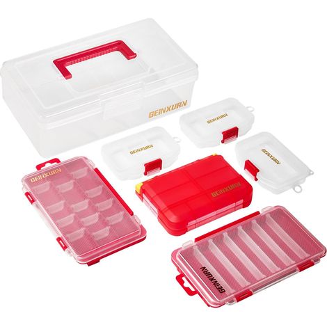 Lot de 7 boîtes à outils en plastique transparent - Boîte de rangement portable pour divers outils et petites pièces - Rouge (1/5)