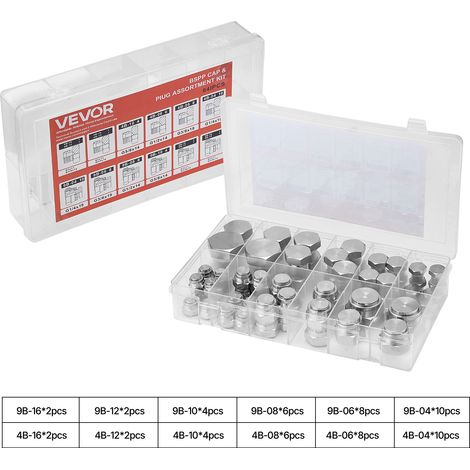 VEVOR Raccords Hydrauliques BSPP 64 PCS Kit Bouchons Hydrauliques avec Filetage de Precision, Kit deAdaptateurs Hydrauliques Robustes en Acier Galvanise, Tailles de Tableau de Bord 04/06/08/10/12/16 (1/5)