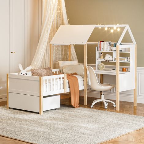 Lit enfant cabane moderne 90x200 cm en bois blanc, avec sommier à lattes, barrière anti-chute, bureau et bibliothèque (1/5)