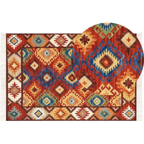 Alfombra kilim de lana multicolor 200 x 300 cm a mano oriental borlas Zovuni