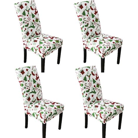 Housses de Chaise de Noël, Jeu de 4 Housses de Chaise Élastiques Lavables Protecteurs de Meubles de Noël pour Salle à Manger, Cérémonie, Hôtel (Blanc + Vert) (1/5)