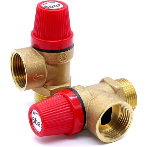 Lot de 2 soupapes de sécurité 6 bar, soupapes de surpression de chaudière, soupapes de sécurité 1/2", vanne de décharge en laiton pour chauffe-eau fermé, huile, gaz (1/5)