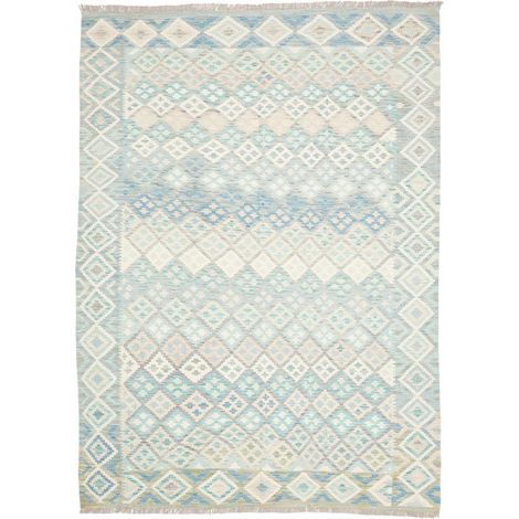 Tapis d'orient 182 x 250 cm, géométrique, bleu, beige, blanc, en laine naturelle, tissé à la main, décoration ethnique (1/5)