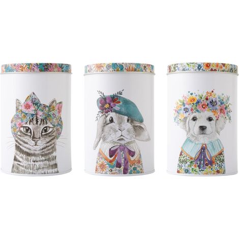 Mikasa tipperleyhill 3pc storage canister set con stampa animale con coperchio floreale, chiusura ermetica, barattoli decorativi in metallo per tè, caffè, zucchero con design animale, ogni barattolo 1