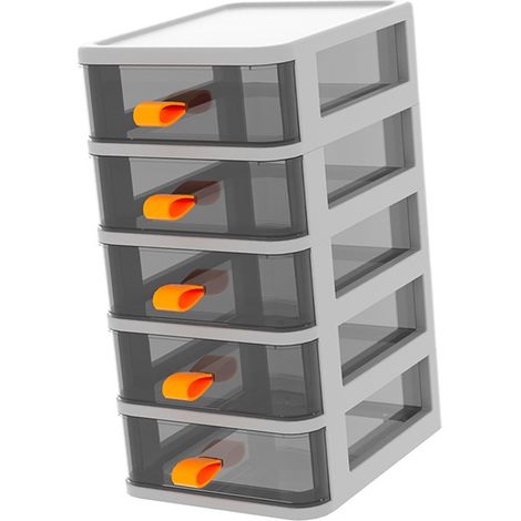 Boîte de rangement de bureau à tiroir, transparente, avec poignée orange, 5 compartiments, blanche, 13,4 x 17 x 28 cm (1/5)