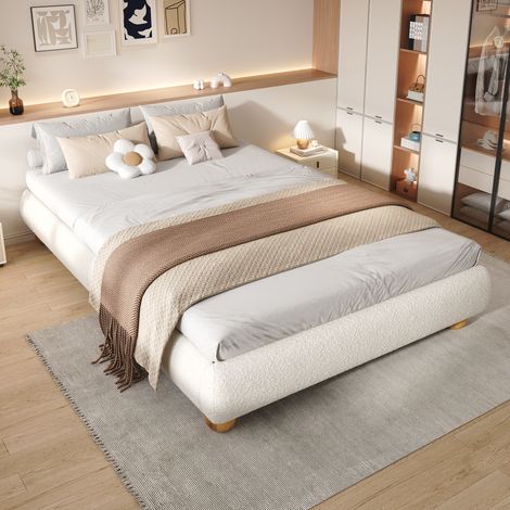 4ft6 double bed 135x190cm, Sturdy bed slats, Comfortable soft bed, Boucle + MDF+Plywood, Beige