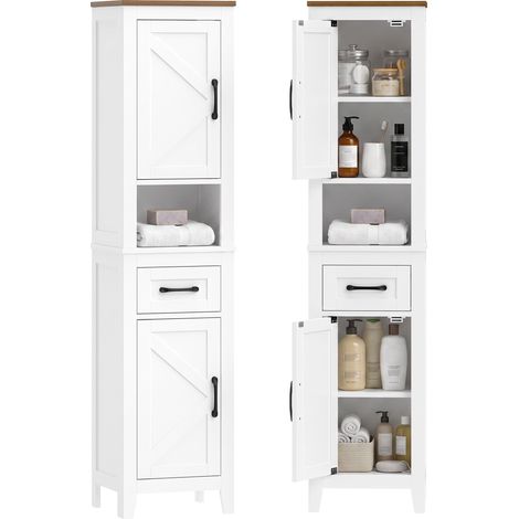 HOMCOM armario de baño alto, mueble de baño estrecho con cajón, estante abierto, puertas y estantes ajustables, estilo rústico, 34,5x30x148 cm, blanco (1/5)