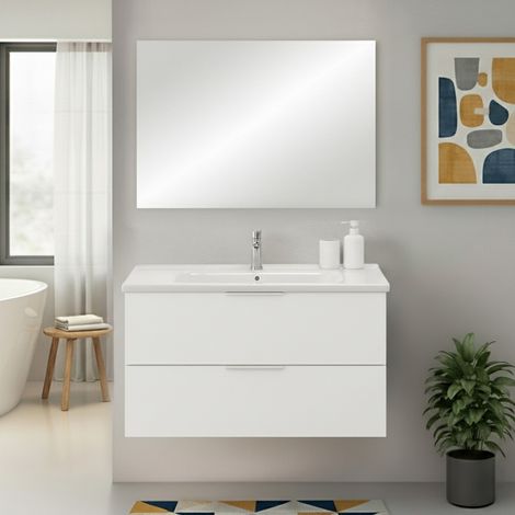 Mobile bagno sospeso 100cm bianco opaco con cassetti soft-close lavabo e specchio Elva (1/5)