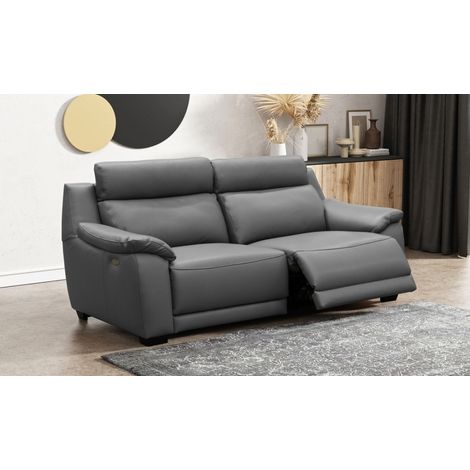 Canapé 3 places avec 2 relax en 100% tout cuir épais luxe italien  - 2 relax électriques,  gris foncé- BERN (1/5)