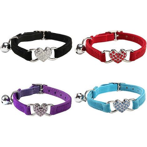 Lot de 4 colliers de sécurité réglables en forme de cœur pour chat avec clochette et strass.-28X1cm-Random Color (1/4)