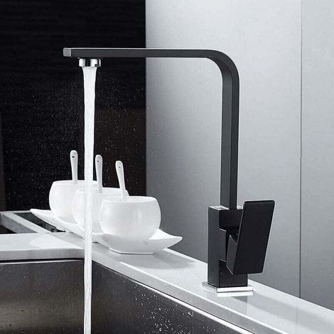 Mitigeur de cuisine noir mat carré avec bec haut rotatif 360° – Laiton de haute qualité – Économie d'eau intégrée (1/3)