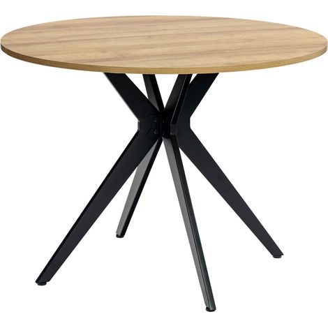 Table Salle à Manger Ronde Vintage 4 Personnes pour Salon Cuisine Bureau, en Bois d'ingénierie et Métal, Chêne + Noir, 100x100x75cm (1/5)
