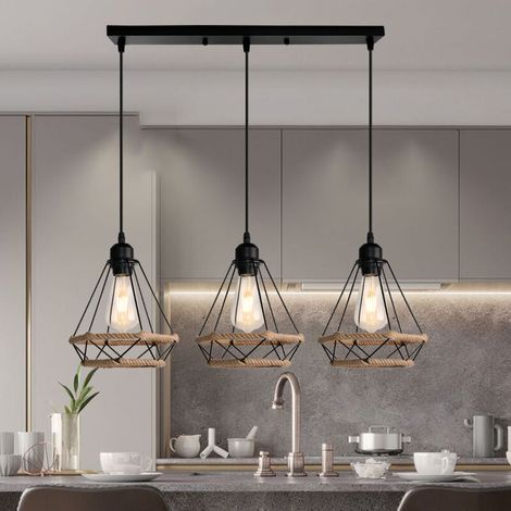 – Lustre rétro vintage industriel E27 20,5cm – Corde de chanvre noir – Abat-jour métal – Longueur câble 100cm ajustable (1/5)