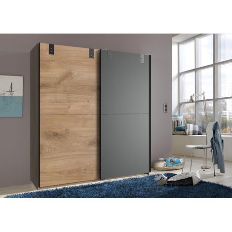 Armoire à portes coulissantes en Imitation chêne poutre, rechampis graphite - L180 x H198 x P64 cm -PEGANE-