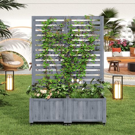 Blumenkasten mit Gitter und Rollen 102 x 32 x 152 cm – Doppelte, faltbare Blumenkiste für Garten, Terrasse und Balkon – Massivholz aus Tanne, grau (1/5)
