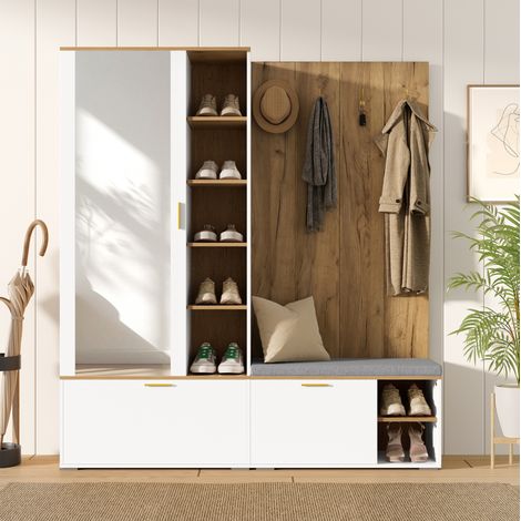 Recibidor (160x38x180 cm), con espejo, barra extensible, 4 ganchos, zapatero, tablero de partículas, blanco y natural (1/5)