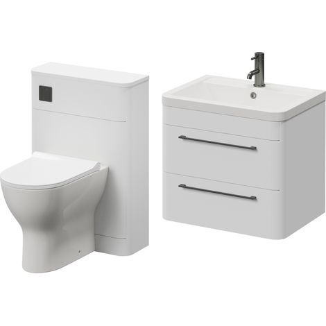Oslo Gloss White 1150mm Wall Mounted Vanity Unit Toilet Suite with Leni Basin - 1150mm - Gunmetal Grey 320mm HandleWith Jubilee Toilet Pan and Seat
