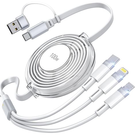 Câble de charge multiple 3 en 1, chargeur iPhone intégré, charge rapide 100 W, câble de charge pour téléphone USB-C/A vers Lightning/USB-C/Micro USB (1/5)