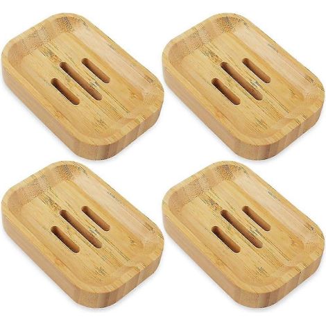 Lot de 4 porte-savons en bois, boîte à savon en bambou naturel - Accessoires pour salle de bain et cuisine (1/5)