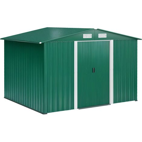 Abri en métal vert 258x206x178 cm 5,3 m² avec portes coulissantes et ventilation, grand rangement jardin design pratique pour outils et équipement