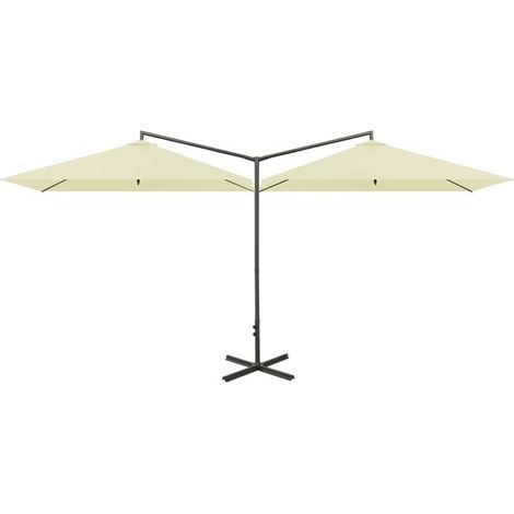 Parasol de jardin double avec mât en acier sable 600 x 300 cm - Ombrelle jardin terrasse balcon extérieur résistant (1/5)