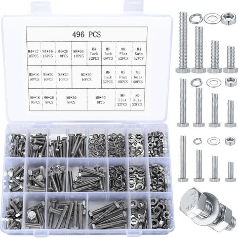 Coffret 496 boulons tête hexagonale inox 304 A2 M4 M5 M6 M8, écrous + rondelles plates et Grower (1/4)