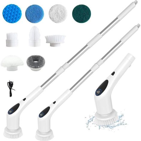 Brosse de nettoyage électrique, brosse à chaussures électrique, brosse de douche, autonomie de 90 minutes, réglage du couple à trois vitesses, avec manche allongé, équipée de 9 têtes de brosse, écran (1/3)