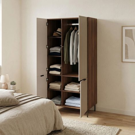 Armario Intelvi de 2 puertas, mueble multifunción con seis estantes interiores y barra para colgar, acabado acanalado, 90x52 h185 cm, color beige (1/5)