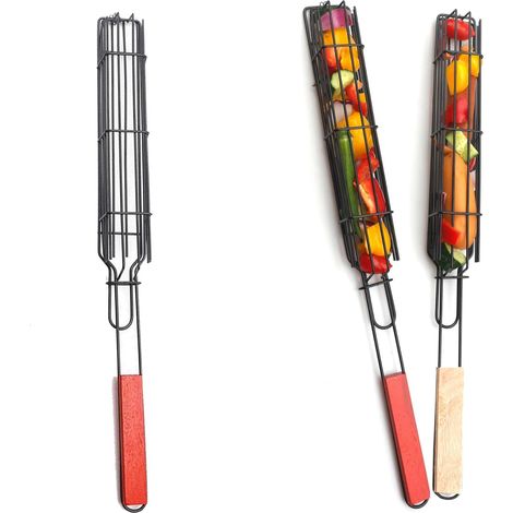 Lot de 2 Panier à barbecue, Acier inoxydable, Poignée en bois, Revêtement antiadhésif, Pour viande et légumes