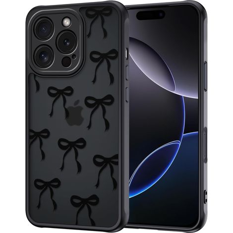Coque pour iPhone 16 Pro, Aesthetic Papillon Nœud Motif Étui Translucide Mat Silicone TPU + PC Arrière Antichoc Anti-Jaune Housse Protection de la Caméra Bumper Case pour Filles Femme, Noir (1/5)