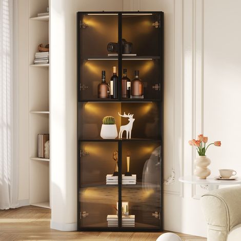 Vitrine LED 62x32x160 cm en finition chêne, bande lumineuse intégrée, armoire en verre trempé, vitrine d'angle avec porte – idéale comme vitrine de collection, bibliothèque, cave à vin ou meuble de sa (1/5)