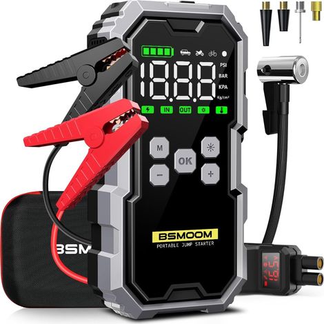 Booster Batterie Voiture 6000A avec Gonfleur 150PSI 12V Jump Starter Portable Booster Batterie Gaz Diesel 10.0L 400 Lumière LED 4 Modes Grand Écran Charging USB-C (1/5)