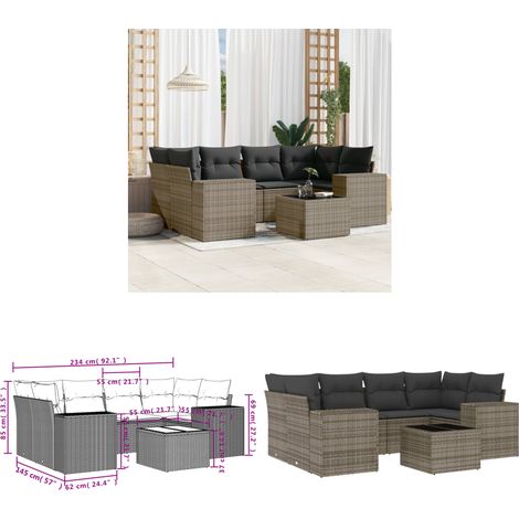 Salon de jardin avec coussins 7 pcs gris résine tressée - Ensemble Salon De Jardin - Meuble De Jardin - Salon D'extérieur - Résine Tressée - Rotin Synthétique - Home & Living (1/3)