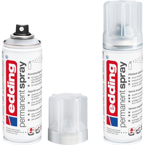 Lot de 2 pcs -  Spray de peinture aérosol 200ml E5200 - apprêt transparent pour plastique + vernis transparent finition brillant – Application facile en intérieur et extérieur