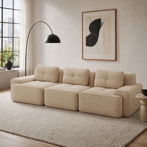 Sofá modular de 3 plazas en pana, asiento profundo de 74 cm, sin montaje, beige DESVIAE (1/5)