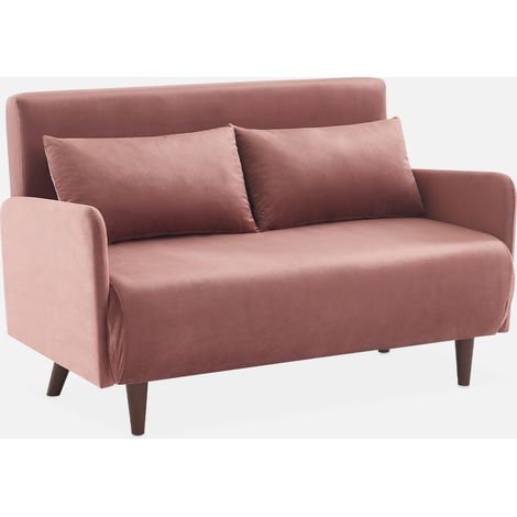 Sofá cama de terciopelo con patas de madera, 2 plazas (1/5)