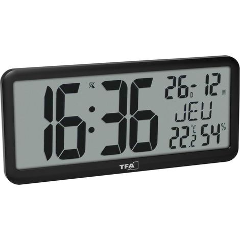 Horloge murale numérique geante XXL, 60.4525, avec température et humidité intérieures, avec calendrier, pour le bureau, les seniors, la cuisine, radio-pilotée, avec fonction réveil, noir (1/5)