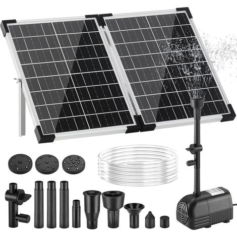 Fuente Solar para Estanque 35W, 280 L/H, Máx 220cm, para Estanques Grandes (8-15 m²), Panel 100% Vidrio con Motor Brushless, 4+4 Boquillas y 2 Filtros, Cable de 5m, Kit Especial Fuente y Estanque
