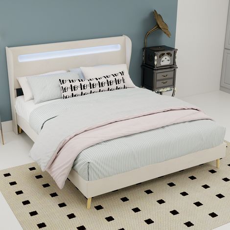 REDOM Lit double 140x200 cm Éclairage LED intégré Tissu et métal Tête de lit réglable Beige (Sans matelas) (1/5)