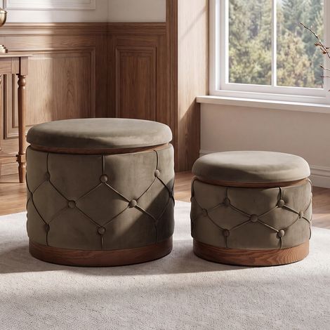 Wahson Set di 2 Pouf Contenitore Velluto Poggiapie Sgabelli Toeletta Trucco, Con gambe in legno in stile retrò Adatto per camera da letto e soggiorno, Grigio (1/5)