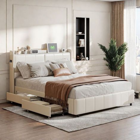 Lit 160x200 cm - TANANT - 4 tiroirs - USB - Tête de lit en velours - Beige (1/5)